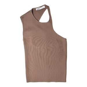 Zara Asymmetric One Shoulder Cutout Ribbed Knit Tank Top Mocha Brown Size S